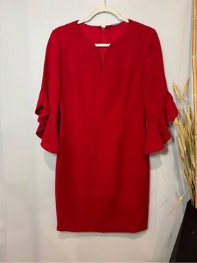 Elie Tahari Red Sheath Dress Size 4 Ruffle Bell Sleeves Cocktail Dress